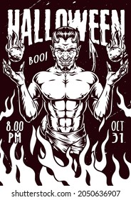 Halloween night vintage monochrome poster with fire flames spooky horned devil and fireballs vector illustration