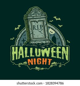 Halloween night vintage print with gravestone and flying bats isolated vector illustration