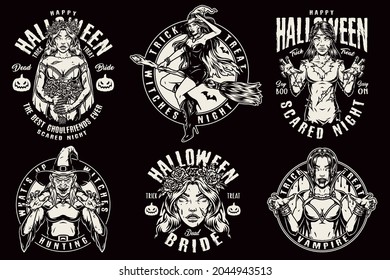 Halloween night vintage prints in monochrome style with dead bride zombie and vampire girls scary and pretty witches on dark background isolated vector illustration