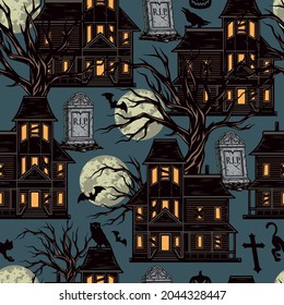 Halloween night vintage seamless pattern with haunted houses moons dry trees tombstones bats crow cross owl scary pumpkin silhouettes vector illustration