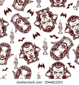 Halloween night vintage seamless pattern with scary male and female vampire heads bats burning candles in monochrome style vector illustration