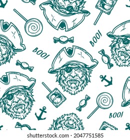 Halloween night vintage seamless pattern in monochrome style with aggressive bearded and mustached pirate head in cocked hat lollipops anchors candies Boo inscriptions vector illustration