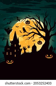 Halloween night vintage template with scary pumpkins haunted house dry tree tombstones zombie hand ghost owl spider flying bats on moon background vector illustration