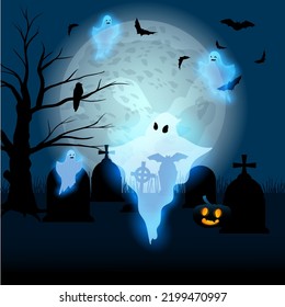 halloween night wallpaper with moonlit night graveyard, bats, funny ghosts and pumpkin