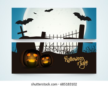 Halloween Night website headers or banners set with view of spooky graveyard, pumpkins and flying bats in night.