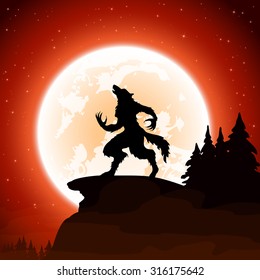 Halloween night and werewolf on Moon background, illustration.