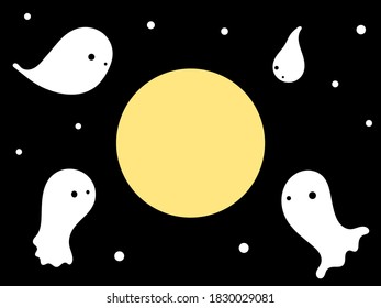 Halloween night. White ghosts looking to yellow moon. 