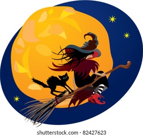 Halloween night: witch and black cat flying on broom on moon background
