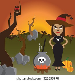 Halloween night with witch lady in black and magic pot on cemetery background