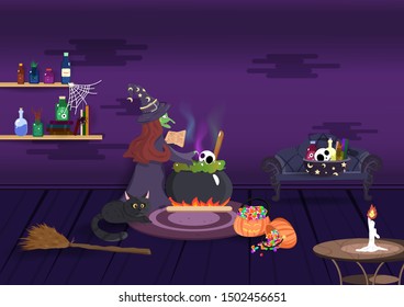 Halloween night with witch magic cooking in an interior room, cartoon character, greeting card background vector.
