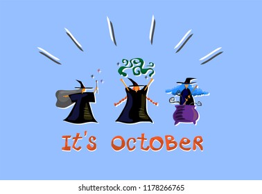 Halloween night with witch and magic light in the dark on blue background.witch spelling the magic, vector illustration.