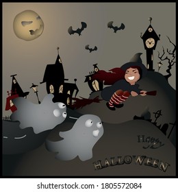 Halloween night with a witch on a broom, two ghosts fly after her and a creepy town as a background. Vector illustration. Can be used as a card, poster, decoration.