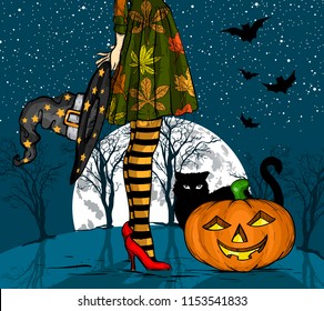 Halloween night. Witch with wizard hat in hand, black cat and pumpkin, big moon on background