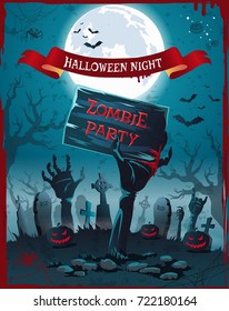 Halloween Night and Zombie Party Spooky Poster. Vector illustration of cemetery with hands of dead people rising from ground and full moon behind