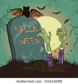 Halloween night with zombies and bat vector illustration.