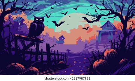 Halloween nightt, A pumpkin patch with owl crates and bats in a sky,  dark sky - blue and purple, decorative backgrounds, splattered paint, luminous atmosphere, twisted branches, brightly colored