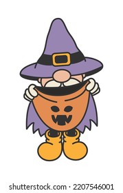 Halloween Nordic Gnome with candy bag. Vector design on isolated background. Cartoon style. For print and web.