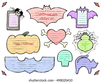 Halloween note stickers colored set. Bat, spider, cat, skull, heart, phone, pumpkin for your text on Halloween. Vector