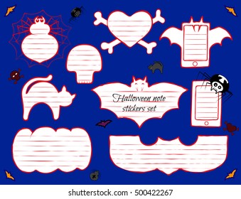 Halloween note stickers set. Bat, spider, cat, skull, heart, phone, pumpkin for your text. Vector