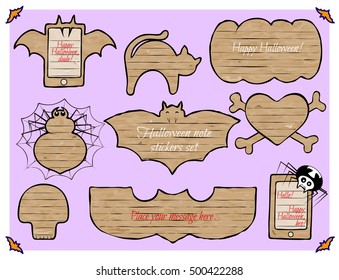 Halloween note stickers set on cardboard. Bat, spider, cat, skull, heart, phone, pumpkin for your text. Vector