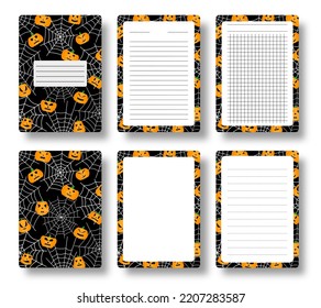 Halloween Notebook-Cover und ausgekleidete Seiten Set. Rumpkin-Spinnennetzmuster mit gegrillter Vorlage für das Kopierraumblatt für die jährliche Broschüre für Notizbucher. Zeitschrift "Horrorspuckplaner"