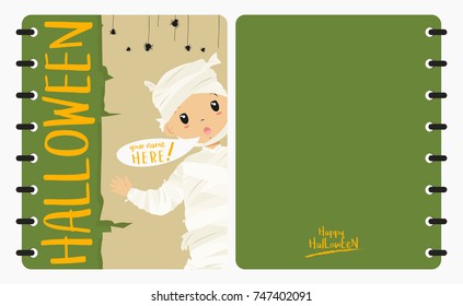 Halloween notebook front and back cover design with Halloween mummy character, cartoon vector.