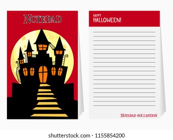 Halloween notepad collection. Notebook cover template with black castle and moon silhouette