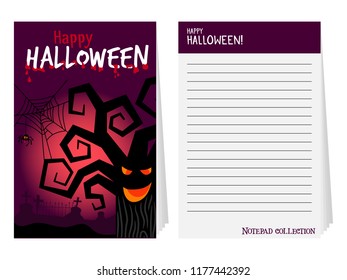 Halloween notepad collection. Notebook cover template with old angry tree silhouette, vector illustration