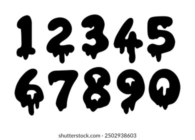 Halloween. Numbers from 0 to 9 flow, slime effect. Letters font letters for printing, numbers set in the style of careless brush strokes and drips, handwritten vector dark scary calligraphy, doodle