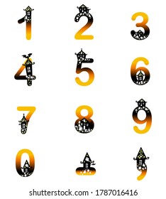 Halloween numbers. 123 numbers. Type digits 0 to 9. Numbers collection. Spooky boo haunted house. Evening sky gradient characters.  Glitter stars, ghost, cat, skull and bat. Holidays illustration.