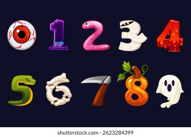 Halloween numbers. Numbers for children with Halloween elements, from 1 to 9. Kids learning material or stickers for party