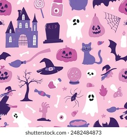 Halloween nursery pattern with cute doodles on pink background for wallpaper, scrapbooking, stationary, textile prints, digital paper, etc. EPS 10