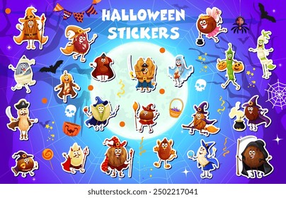 Halloween nuts and beans mages, wizards and sorcerers stickers pack. Vector cartoon walnut, peanut and almond, hazelnut, pistachio, coconut and cashew characters in witch and fairy Halloween costumes