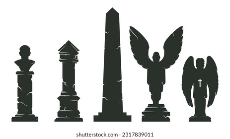 Halloween obelisk silhouettes. Horror cemetery tombstones, halloween angel statues, gravestones and monuments flat cartoon vector illustration set