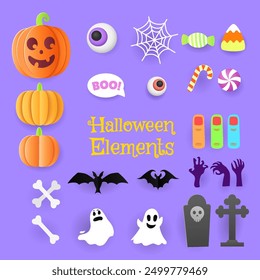 Halloween object icon set papercut design. Can be used for banner, symbol, element for your design isolated background. EPS 10