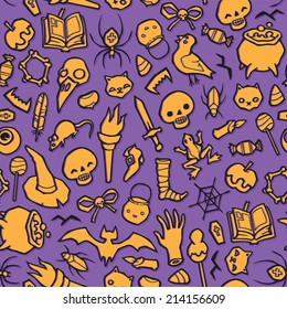 Halloween object seamless vector background - pumpkins, skulls, spiders, candy - a lot of different thing. You can use it for package design, invitations, flyers, textile, postcards, cards and so on.