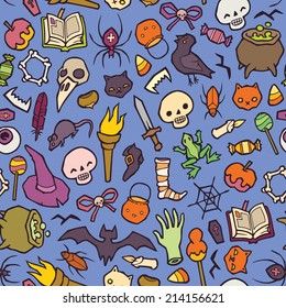 Halloween object seamless vector background - pumpkins, skulls, spiders, candy - a lot of different thing. You can use it for package design, invitations, flyers, textile, postcards, cards and so on.