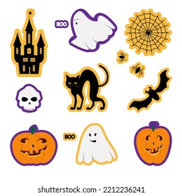 Halloween object sticker set with color stroke, pumpkin, black cat, house, bat, skull, cobweb, spider, ghost for screen or print design