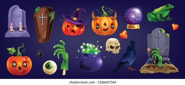 Halloween Object Sticker Set, Tombstone, Ancient Cross, Eye, Vector Spooky Party Badge Kit. Cartoon Scary Zombie Hand, Witch Hat, Magic Cauldron With Potion, Crow, Frog. Halloween Object UI Game Icons