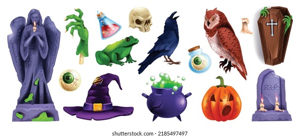 Juego de stickers de objetos de Halloween, kit de insignias de fiesta espeluznante vectorial, lápida de piedra, ataúd de madera, ojo. Caricatura de la mano temible zombie, búho, rana, sombrero de bruja, caldero mágico de poción. Icono de juego de interfaz de usuario de objeto de Halloween