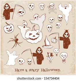 Halloween objects collection. Hand-drawn with ink. Vector illustration in vintage style.