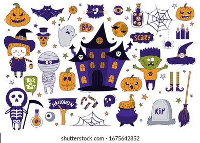 Halloween objects collection. Hand-drawn vector illustration with pumpkins, tombstone, skull, mummy, witch, ghost house, Dracula and etc.  It can be used for Halloween party, posters, greeting cards.