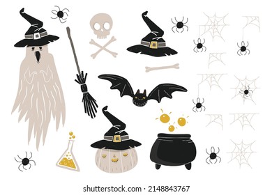 Halloween objects collection  Set ghost  pumpkin  witch hat  skull  bones  bat  spiders  spider web  kettle  broom   poison  Hand drawn cartoon style  Vector illustration 