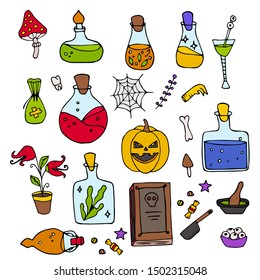 Halloween objects collection. Vector elements for ritual. Hand drawn potion vector set.