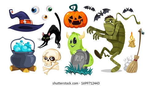 Halloween objects for horror party collection vector illustration. Set of hat, black cat, rip, ghost, pumpkin, eyeball, bat, skull, kettle, broom and mummy cartoon design. Isolated on white background