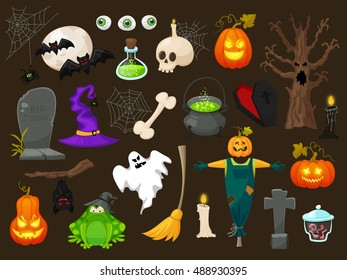 Halloween  objects isolated on brown background. Terrible and horror, cute traditional symbols of Halloween. Cartoon flat style vector illustration