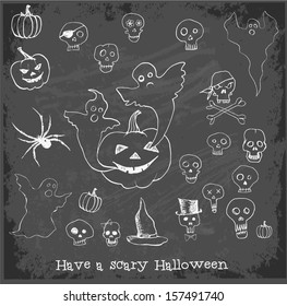 Halloween objects on blackboard, Vector illustration.