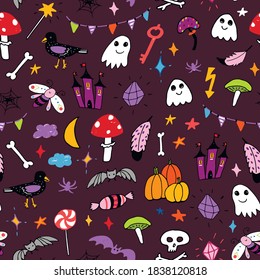 Halloween objects: pumpkin, ghosts, bat, castle seamless pattern