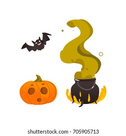 Halloween objects - pumpkin lantern, flying bat and witch cauldron on fire, cartoon vector illustration isolated on white background. Cartoon witch caldron pot, Halloween pumpkin, flying bat