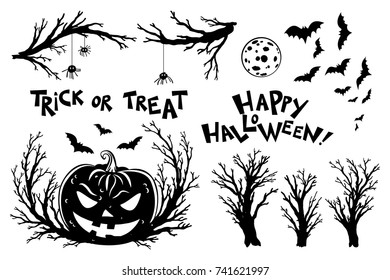 Halloween objects. Scary tree twigs, bats, pumpkin lanterns, moon and halloween phrases. Halloween Party design elements. Vector